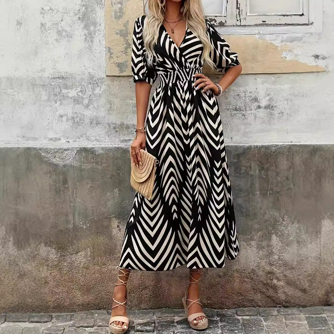 Dress for women – Midi A-line fit – V-neck wrap – Belt – Puff sleeves – Chevron