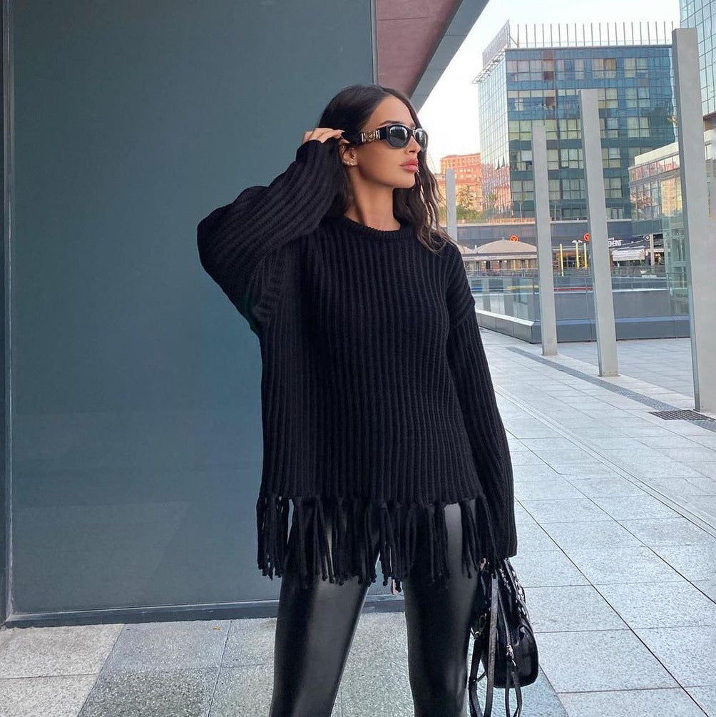 Women’s Pullover Sweater – Oversized Fit – Chunky Wool – Ribbed Knit Fringe Hem