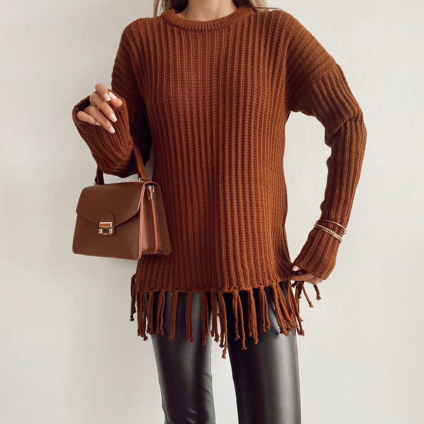 Women’s Pullover Sweater – Oversized Fit – Chunky Wool – Ribbed Knit Fringe Hem
