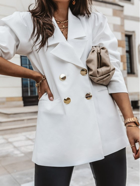 Women’s Blazer – Structured Fit – Puff Sleeves – Woven Fabric – Tailored Hip Length