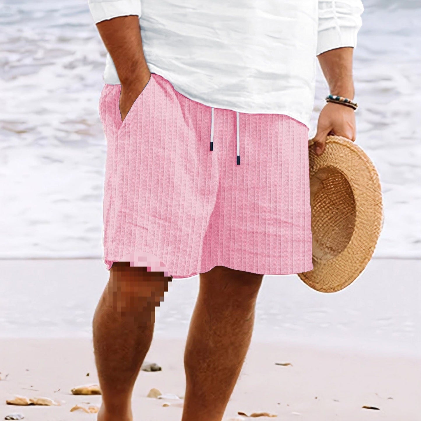 Mens Linen Cotton Blend Relaxed Fit Shorts With Multi Pocket And Elastic Drawstring Waist Couture-Moda