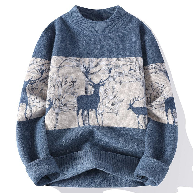 Mens Loose Fit Knit Pullover Sweater With Mock Neck Ribbed Trim Deer Pattern Nordic Style