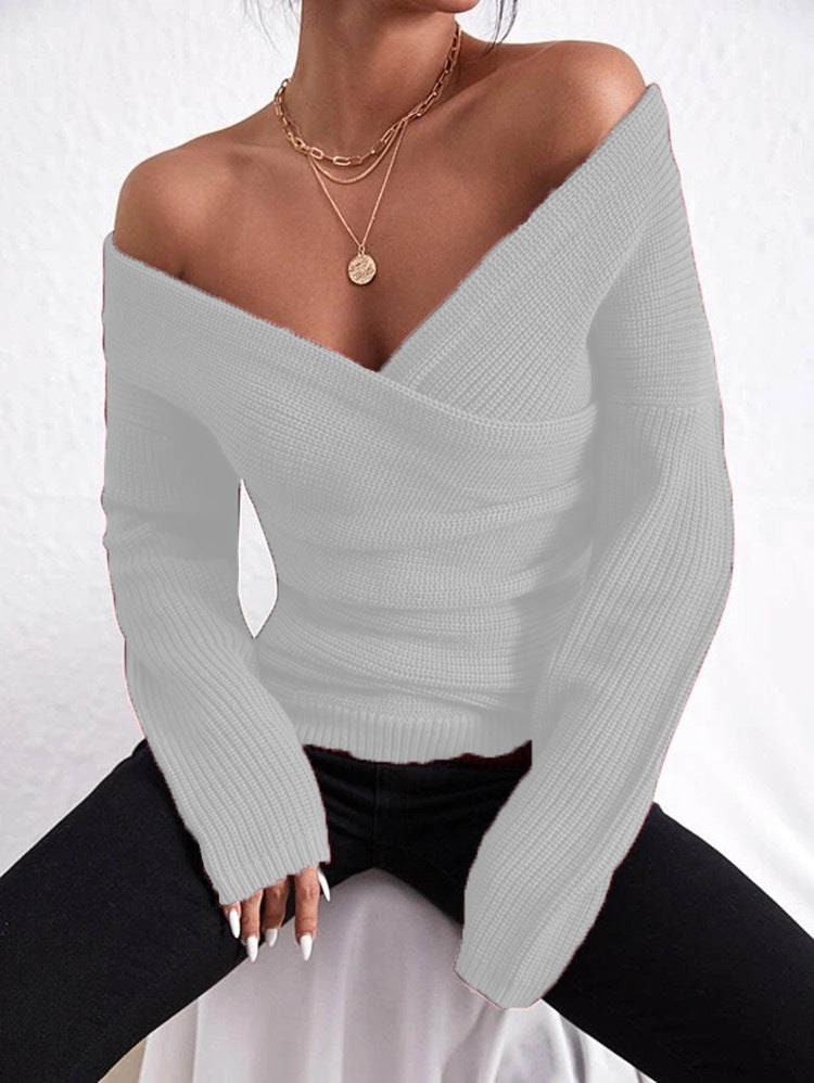 Women’s Sweater – Slim Fit – Ribbed Knit – Off-Shoulder – Wrap V-Neck – Long Sleeve