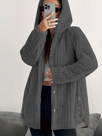 Women's Hooded Cardigan with Front Pockets and Long Sleeves