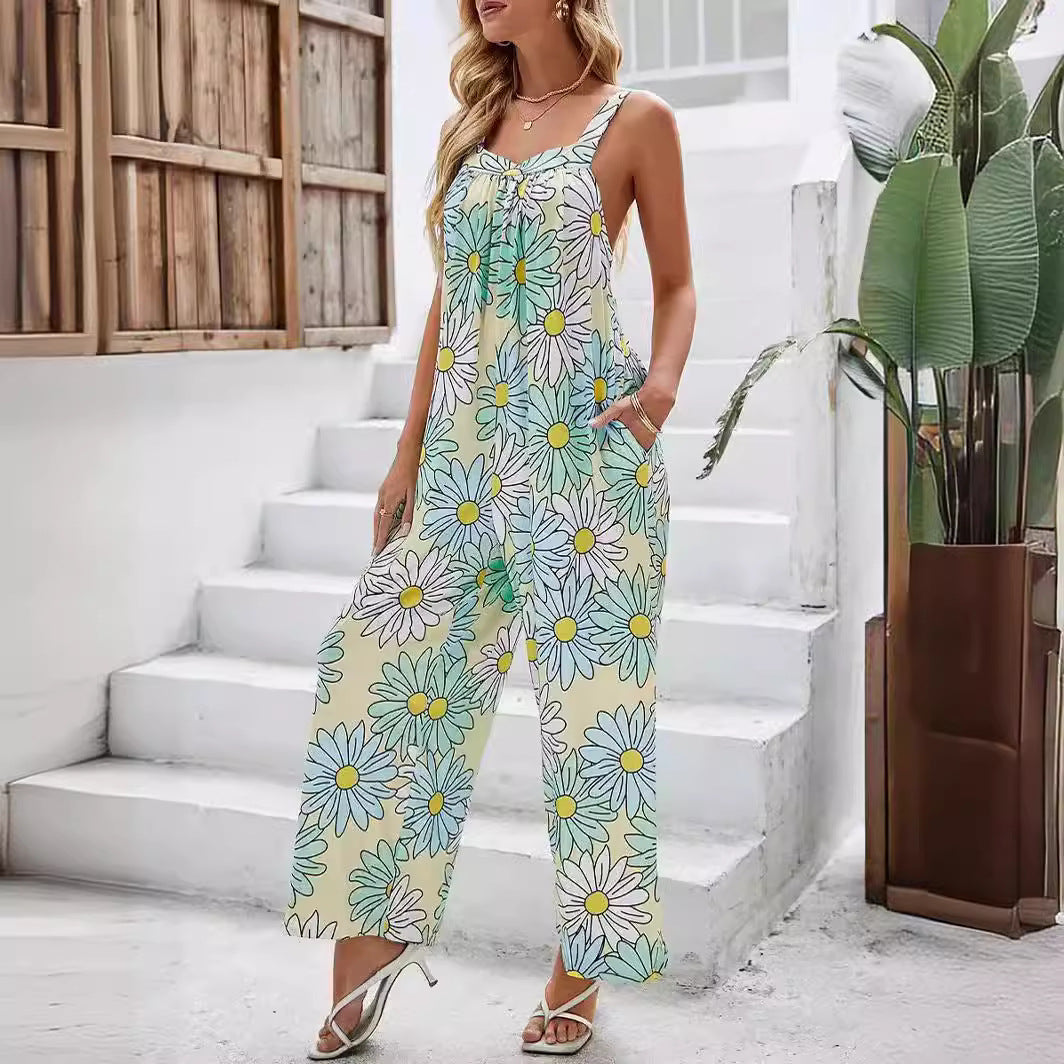 Women's Jumpsuit – Loose Fit – Wide Legs – Light Material – Printed Strapless Design