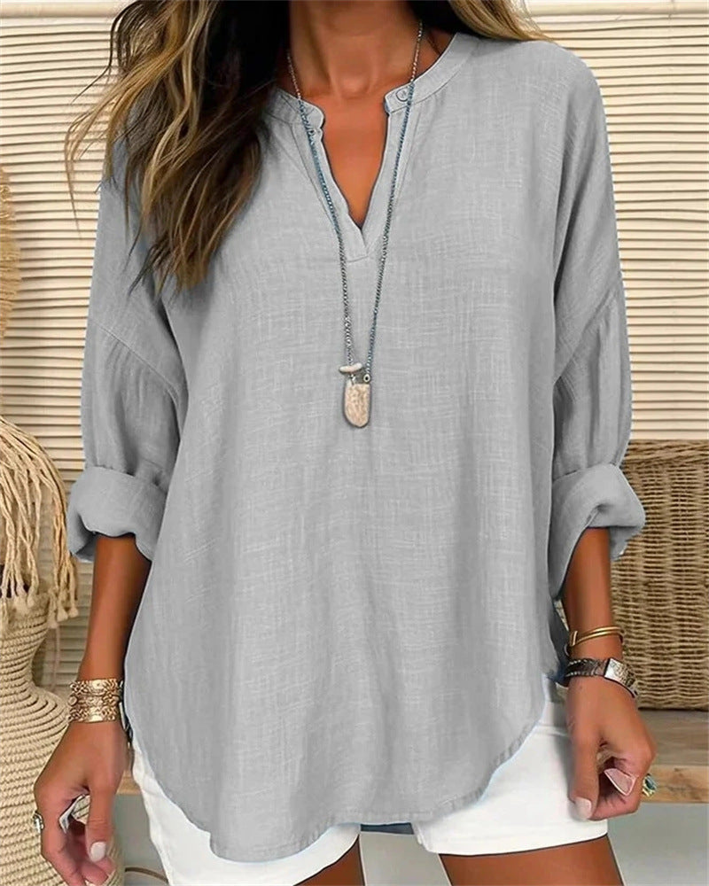 Women's shirt with Mao collar, linen and cotton, relaxed fit, long sleeves