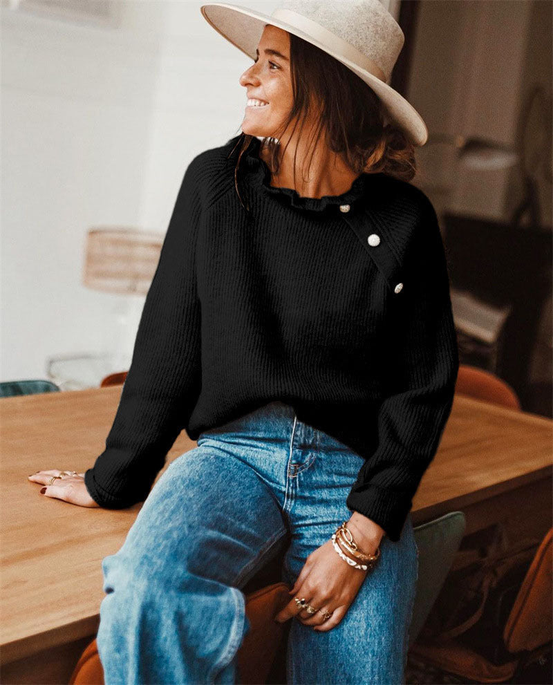 Women’s Knitted Sweater – Wool Blend – Relaxed Fit – Ruffled Neckline – Long Sleeve