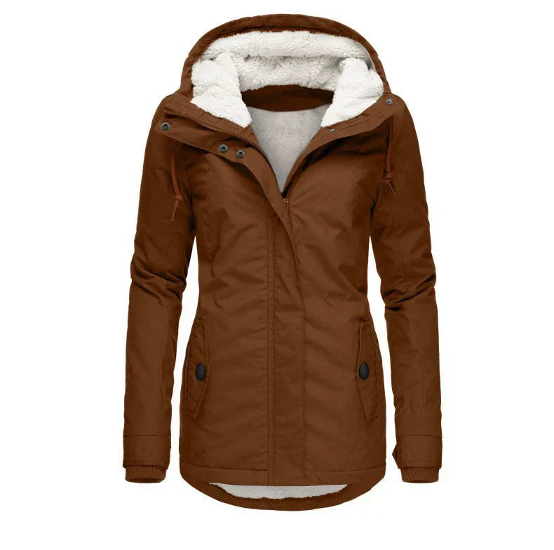Women’s Parka Coat – Hooded Plush Lining – Semi-Fitted – Mid-Thigh Length – Weather-Resistant