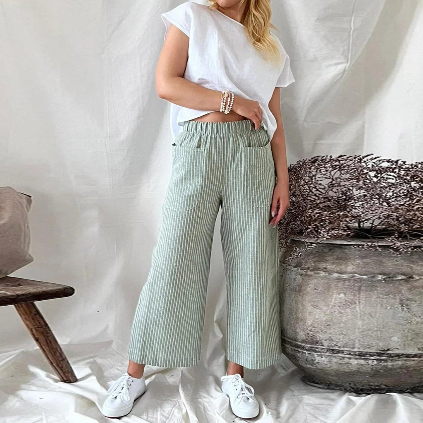 Melissa Loose Stripe Cotton Linen Pants For Women Comfortable Wide Leg Style Breathable Everyday Comfort