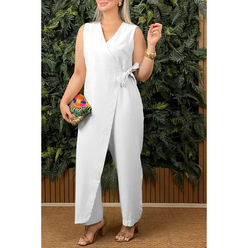 Women's Jumpsuit – V-neck wrap-around – Sleeveless – Wide leg – Adjustable waist