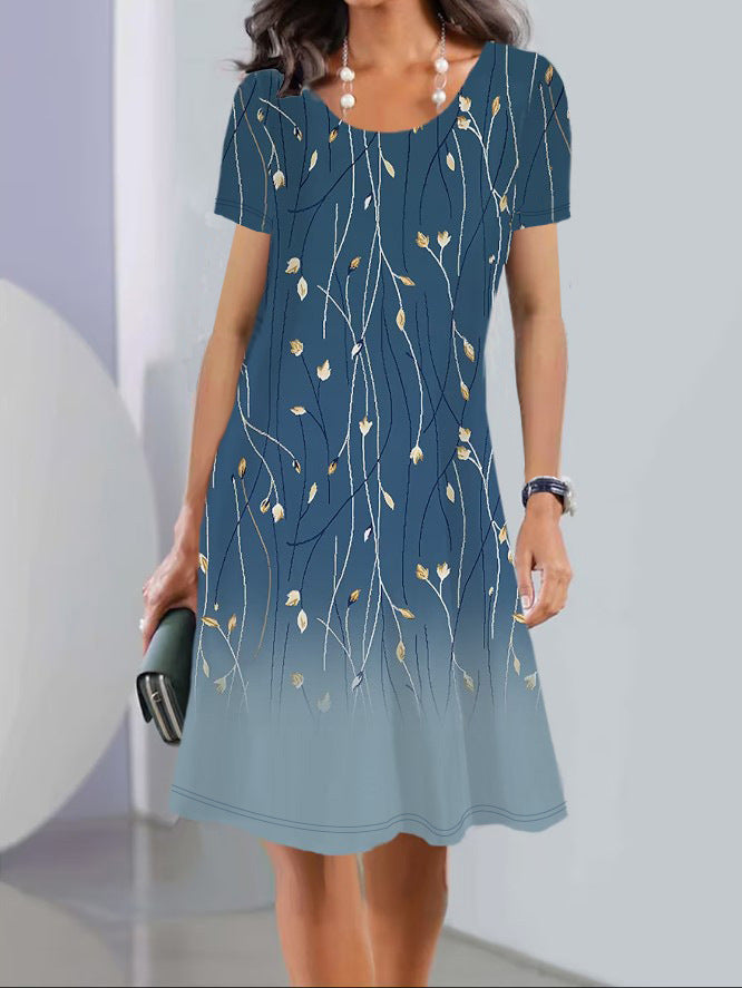 Women’s A-Line Dress – Floral Print – Short Sleeve – Cotton Feel – Knee Length