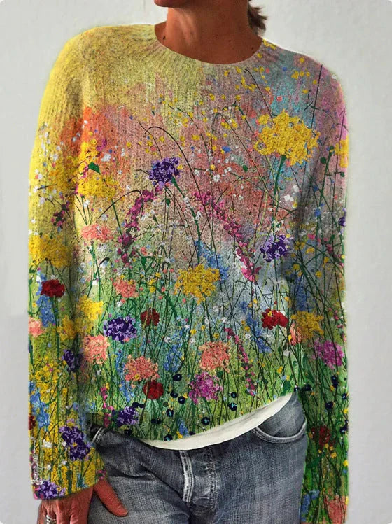 Women’s Sweatshirt – Wool Feel – Relaxed Fit – Floral Embroidered – Long Sleeve Casual