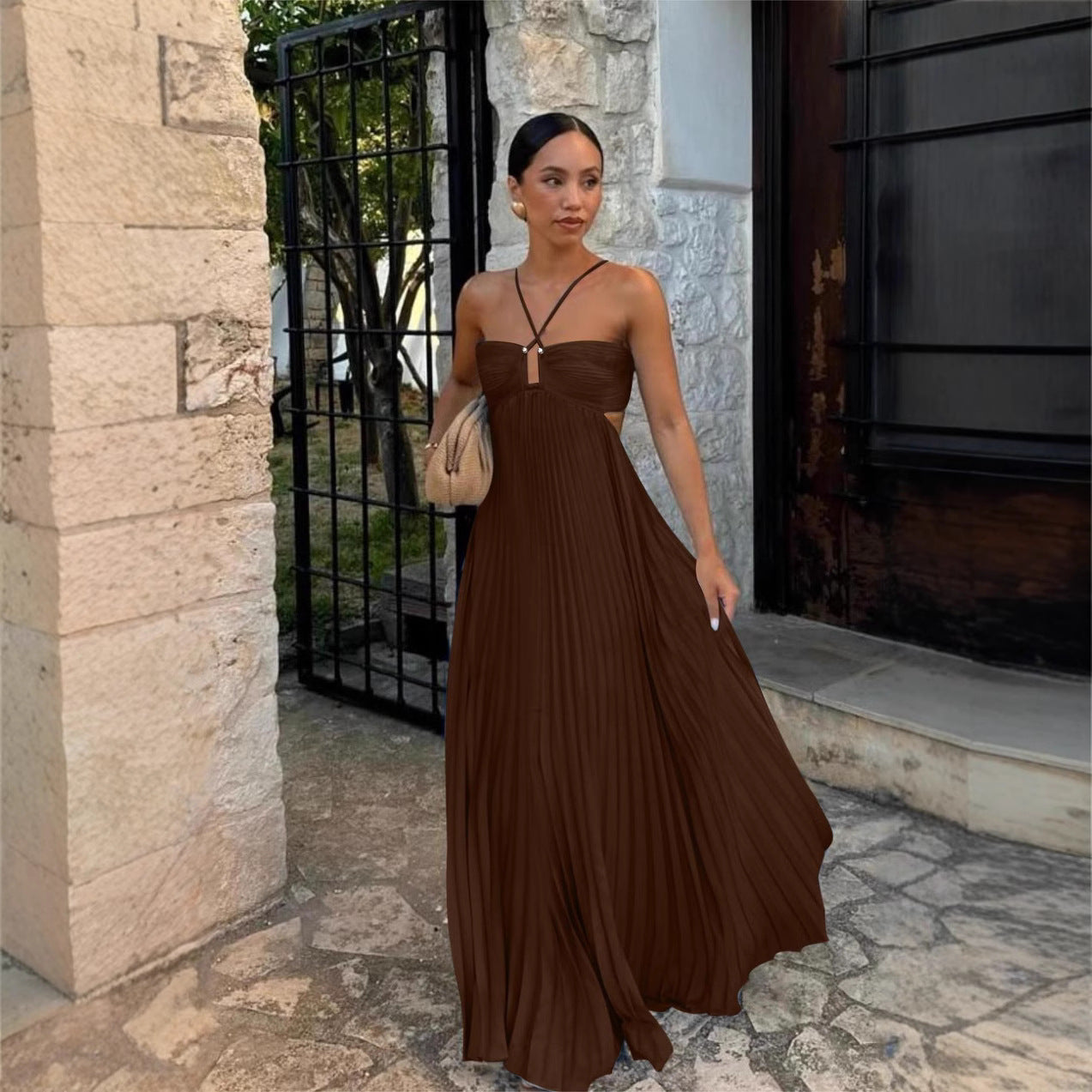 Women's Maxi Dress – Strapless – Cross Details – Pleated A-line – Side Slit
