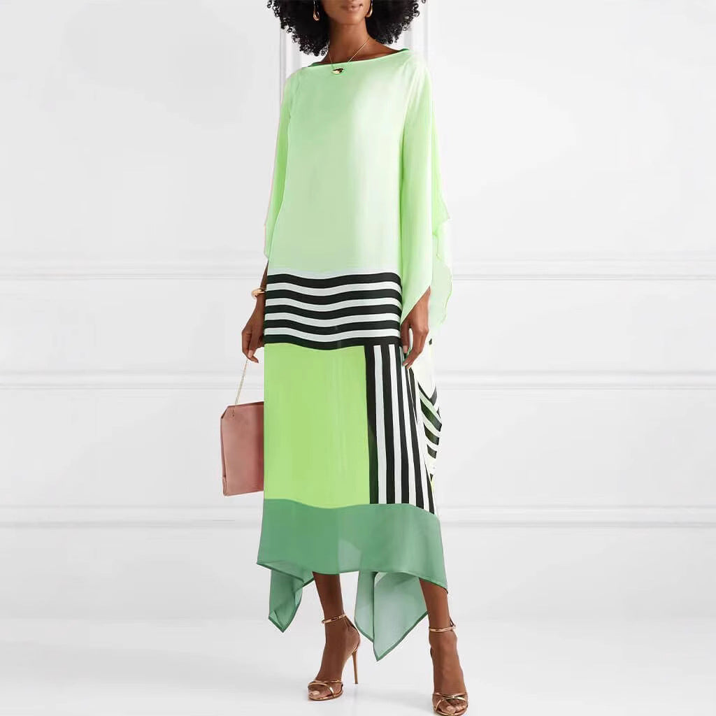 Women's Maxi Dress – One Shoulder – Loose Fit – Asymmetric Hem – Striped Design