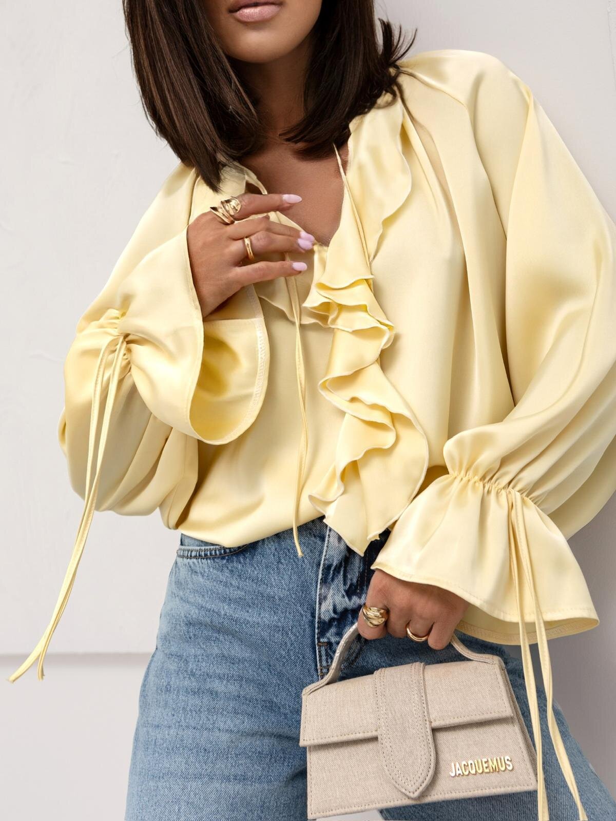 Women's Blouse – Satin Finish – Relaxed Fit – Tie Neck with Ruffles – Long Sleeves