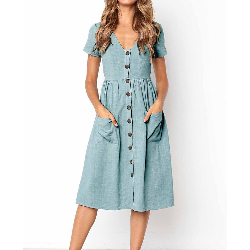 Women’s A-Line Dress – V-Neck – Button Front – Short Sleeve – Cotton Blend – Midi Length – With Pockets