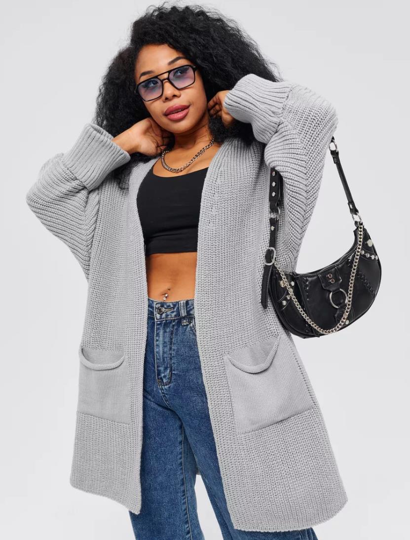 Women’s Knitted Cardigan – Oversized Fit – Wool Blend – Ribbed Sleeves – Open Front