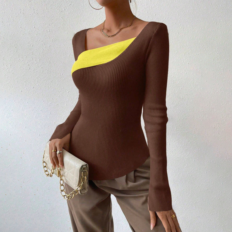 Women's Knit Sweater – Ribbed – Slim Fit – Asymmetric Neck – Long Sleeves