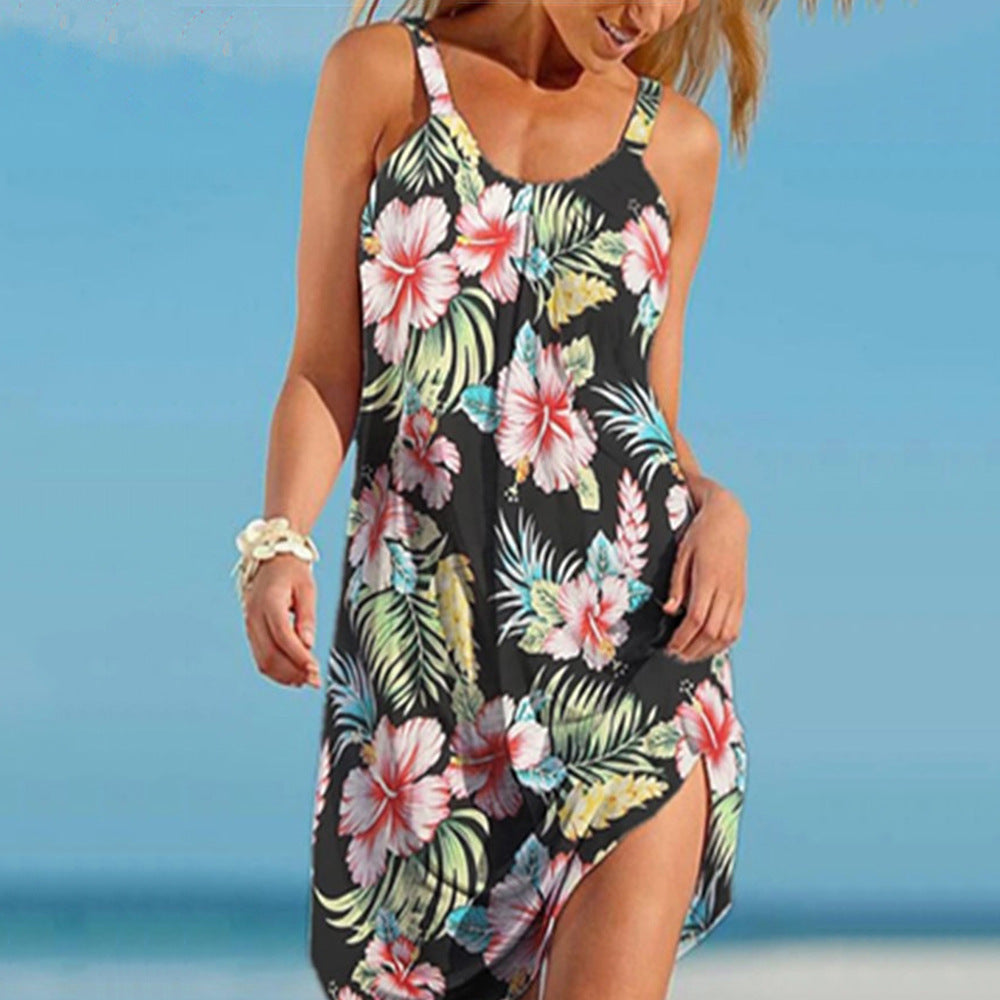 Women’s Beach Dress – Floral Print – Relaxed Fit – Sleeveless – Side Slit