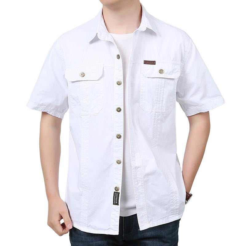 Men's Short Sleeve Cotton Blend Shirt With Relaxed Fit Button Closure And Chest Pockets
