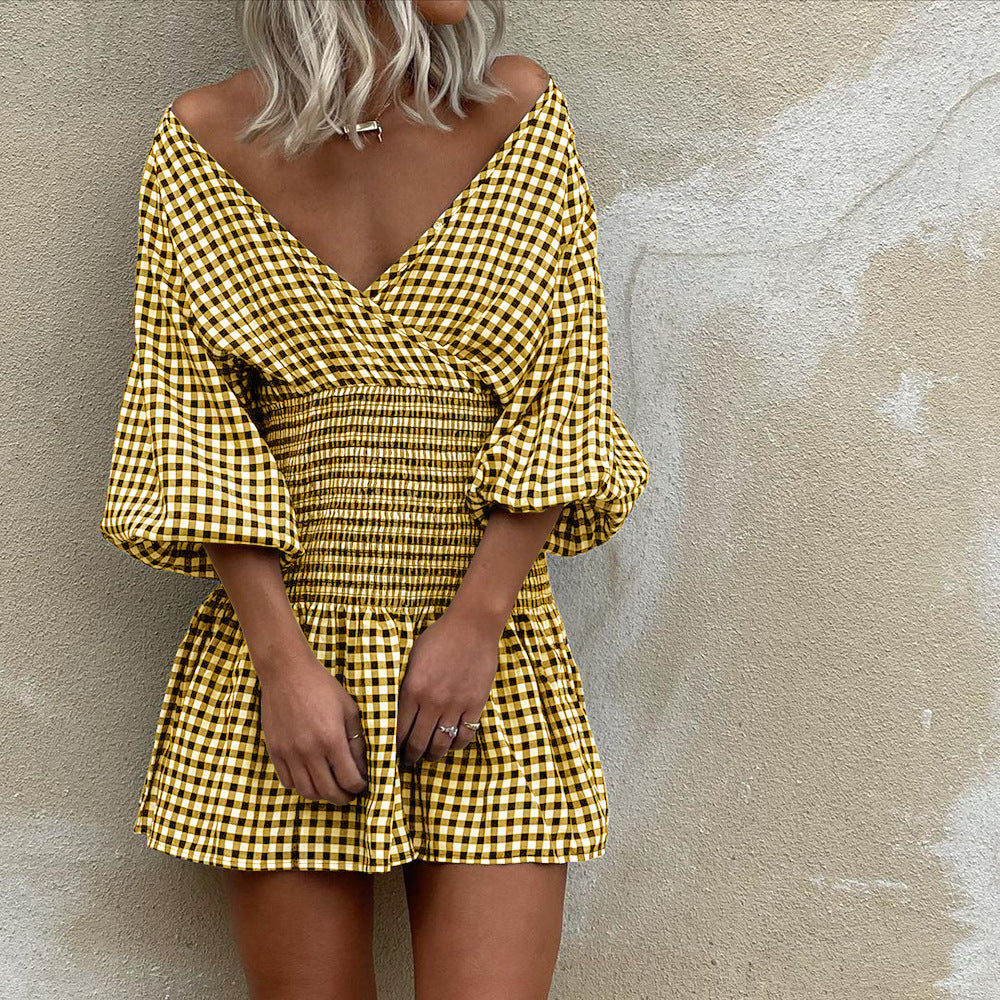 Women's Mini Dress – Cotton Blend – V-Neck – Puff Sleeves – Smocked Waist – Gingham Pattern