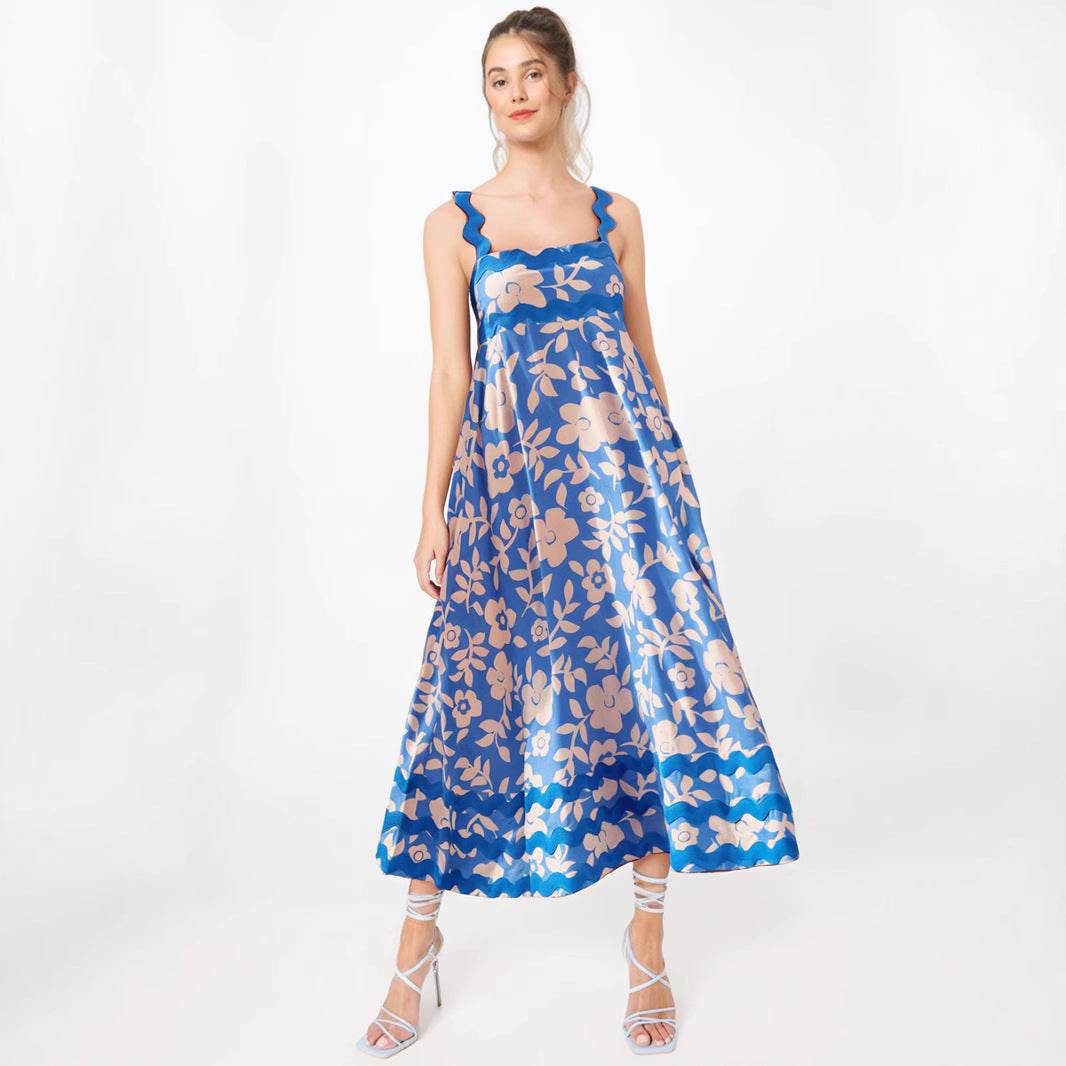 Women's Maxi Dress – Lightweight Material – Floral Print – Wavy Strap and Edge