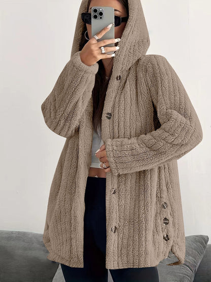 Women's Hooded Cardigan with Front Pockets and Long Sleeves