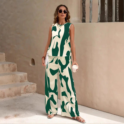 Women's 2-piece set, sleeveless top & wide pants, relaxed fit, breathable fabric
