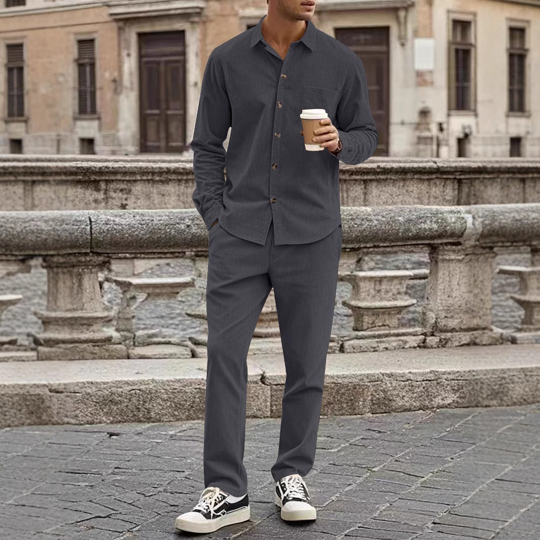 Men's Corduroy Shirt And Pants Set With Relaxed Fit Button Closure Casual Nordic Flair