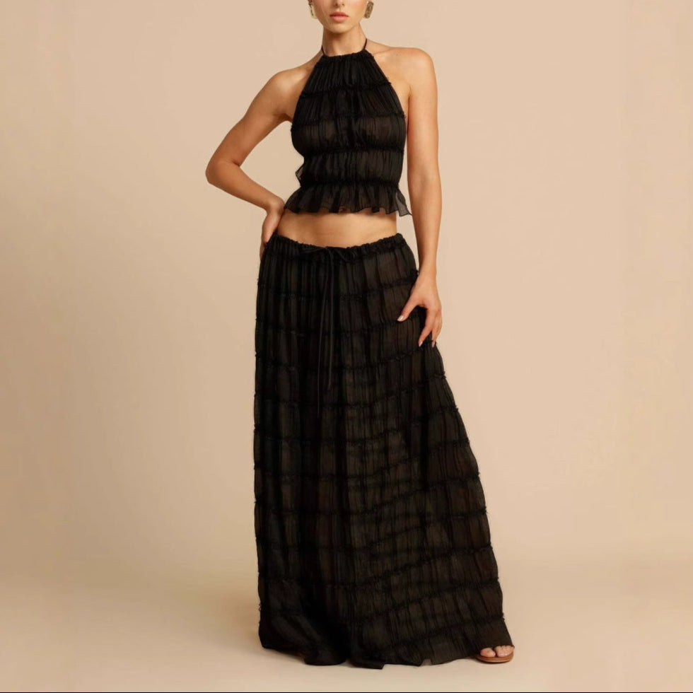 Women’s Two-Piece Set – Ruched Halter Crop Top – Elastic Waist Maxi Skirt