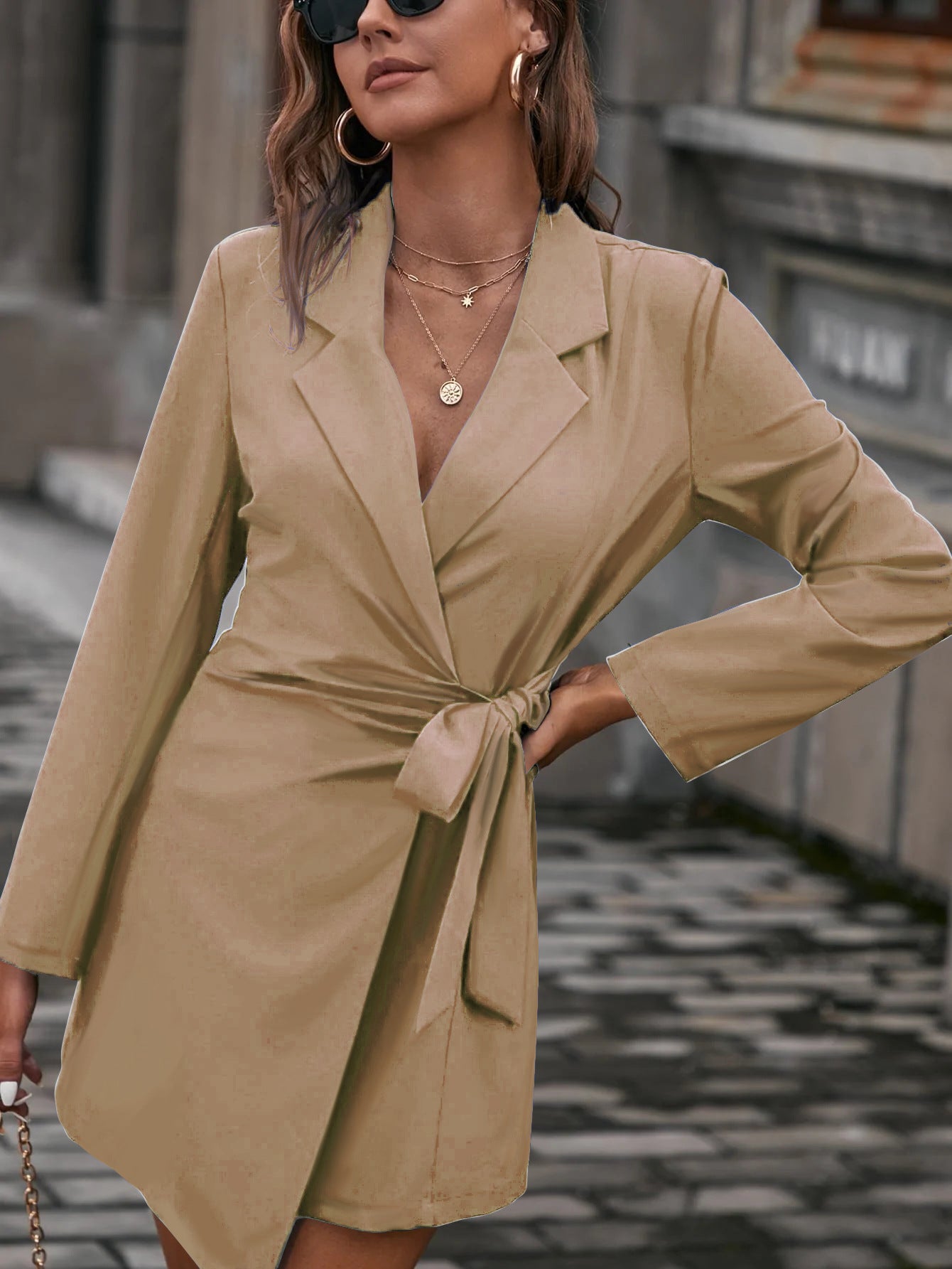 Women’s Wrap Dress – Tailored Fit – Long Sleeve – Lapel Collar – Short Length with Pockets
