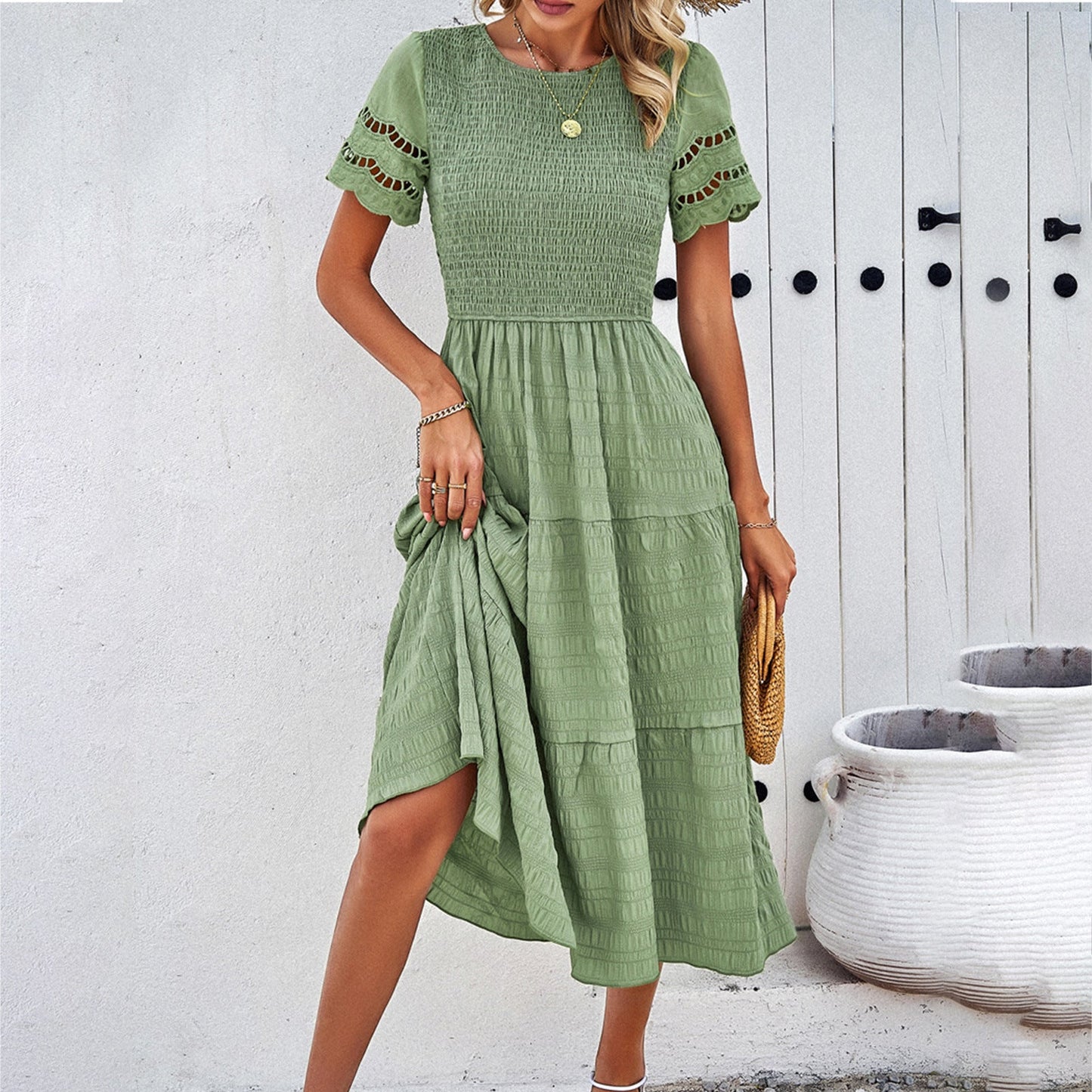 Women's Midi Dress – Smocked Bodice – Tiered Skirt – Cut-Out Short Sleeves – Loose Fit