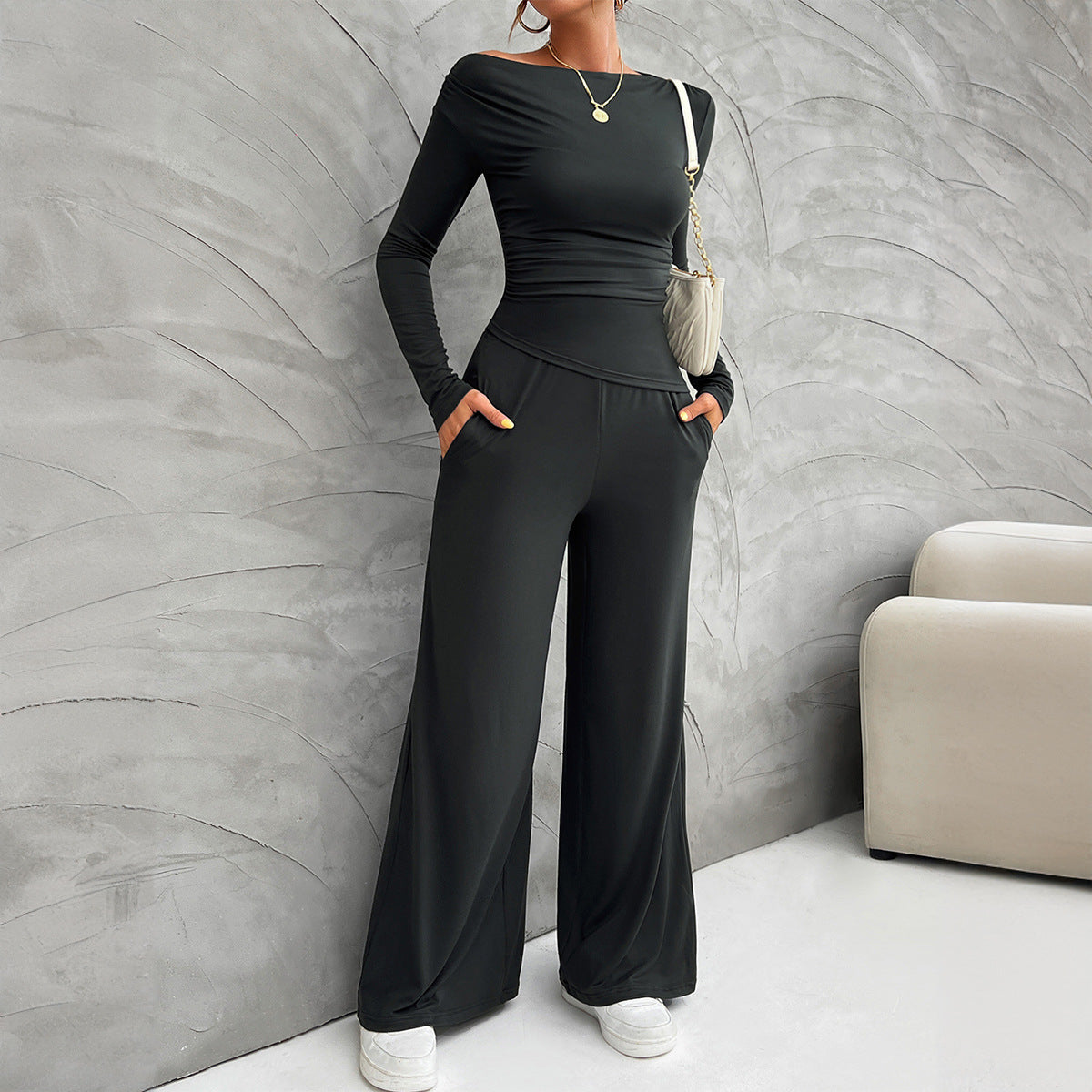 Nordic Flair Women's Suit Set Slim Fit Long Sleeve Top High Waisted Wide Leg Pants