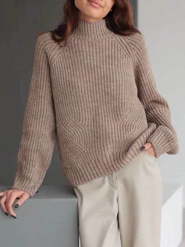 Women's Knit Sweater – Wool Blend – Loose Fit – Turtleneck – Raglan Sleeves – Ribbed