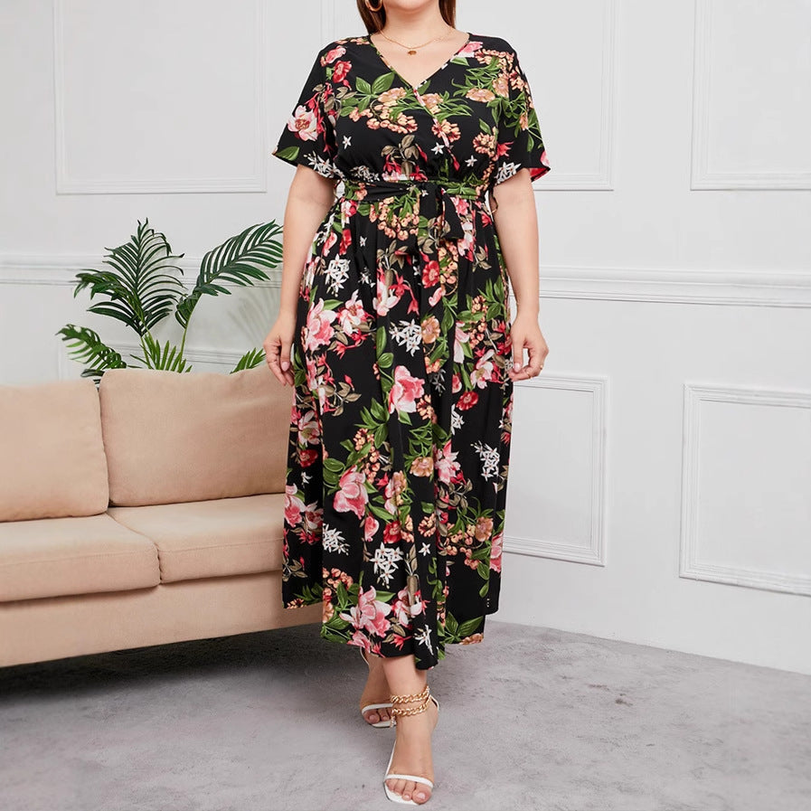 Women's Dress – A-line Fit – V-neck – Short Sleeves – Floral – Tie Belt