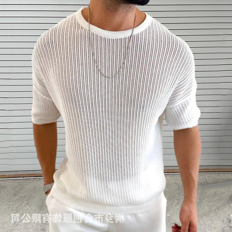 Men's Slim Fit Short Sleeve Knit Sweater With Light Rib Texture Crew Neck For Modern Style