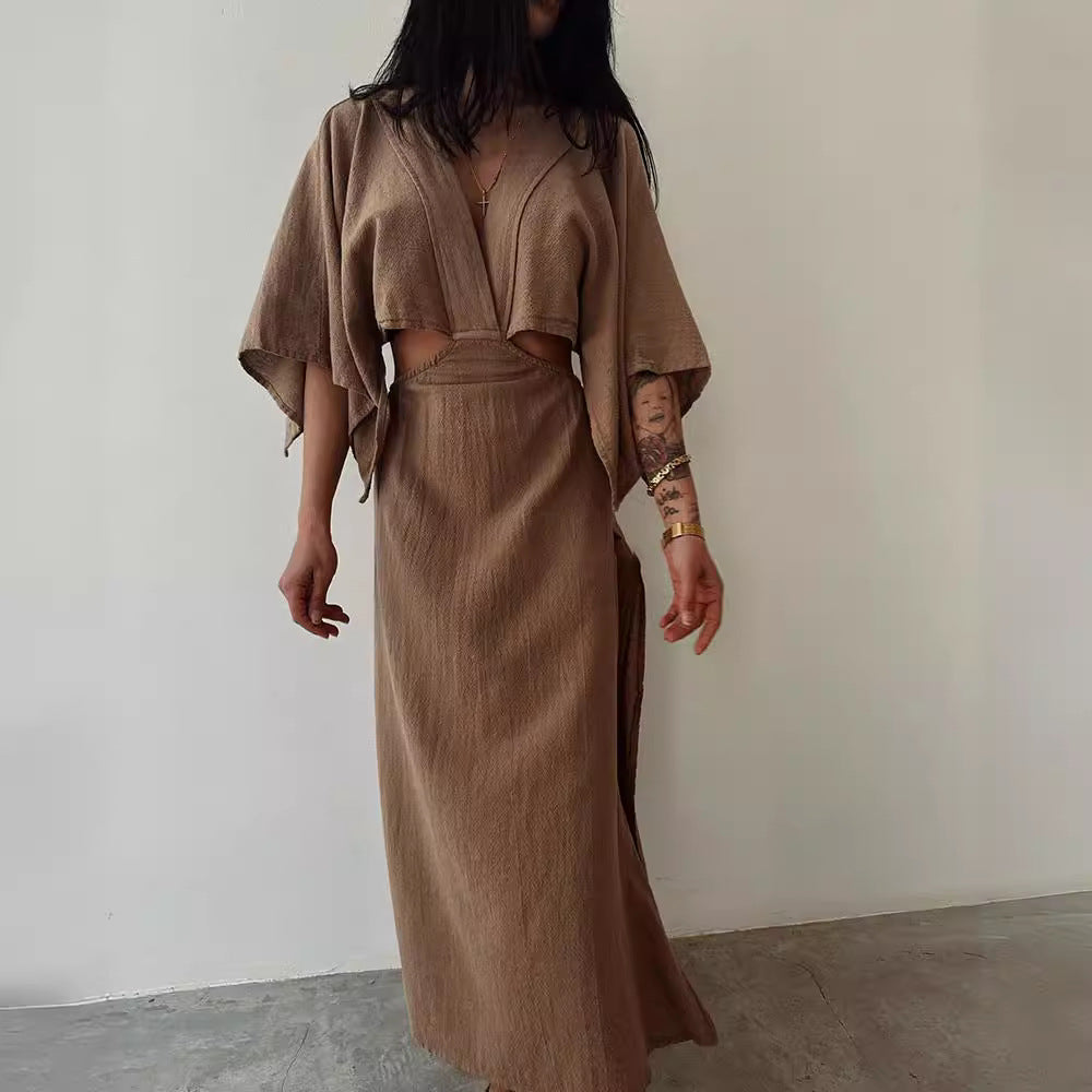 Women's Maxi Dress – Slim Fit – Cotton Linen Blend – V-Neck – High Slit – Cut-Out Waist
