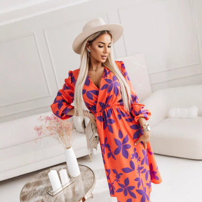 Women's Midi Dress – V-Neck – Puff Sleeves – Fitted A-Line – Floral Print