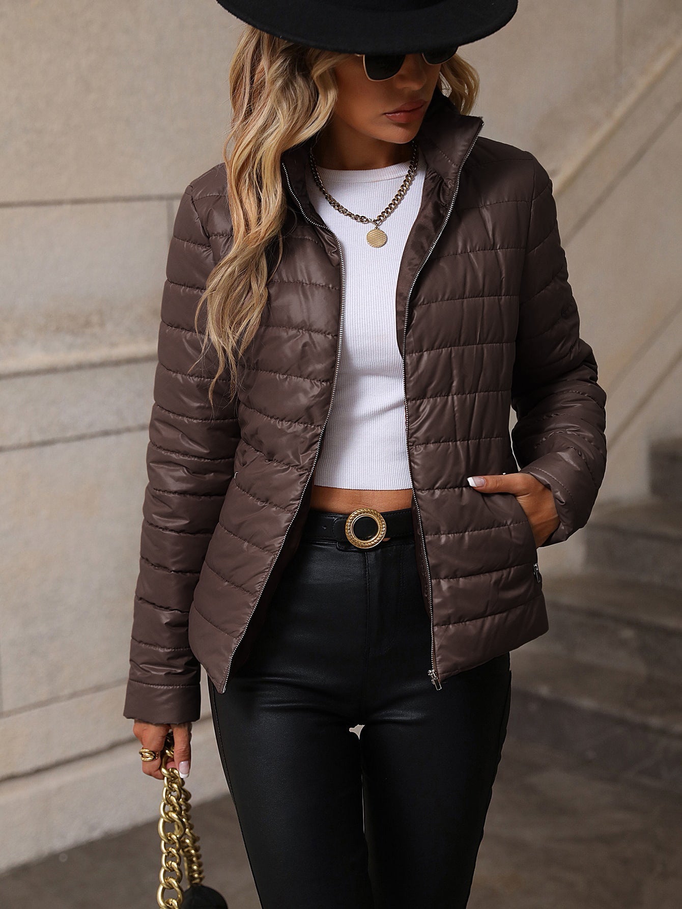 Women’s Quilted Jacket – Tailored Fit – Shiny Cotton Blend – Zip Front – Half-High Collar