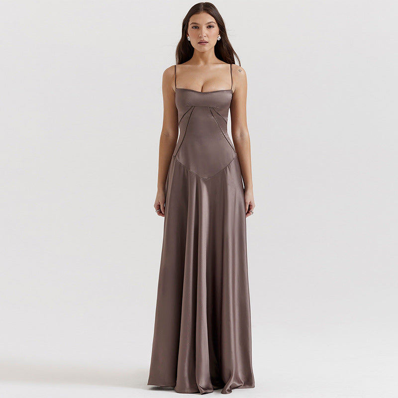 Women's Evening Dress – Satin – A-line Long Dress – Spaghetti Straps – Cut-out Waist