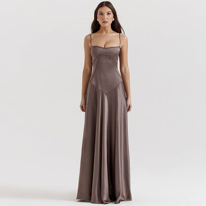 Women's Evening Dress – Satin – A-line Long Dress – Spaghetti Straps – Cut-out Waist