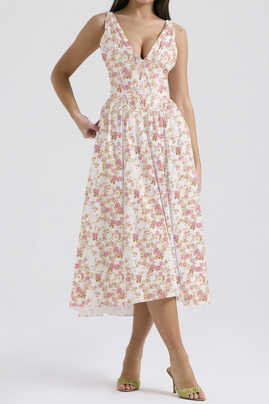 Dress for women – A-line fit – Sleeveless – V-neckline – Floral print – Midi length