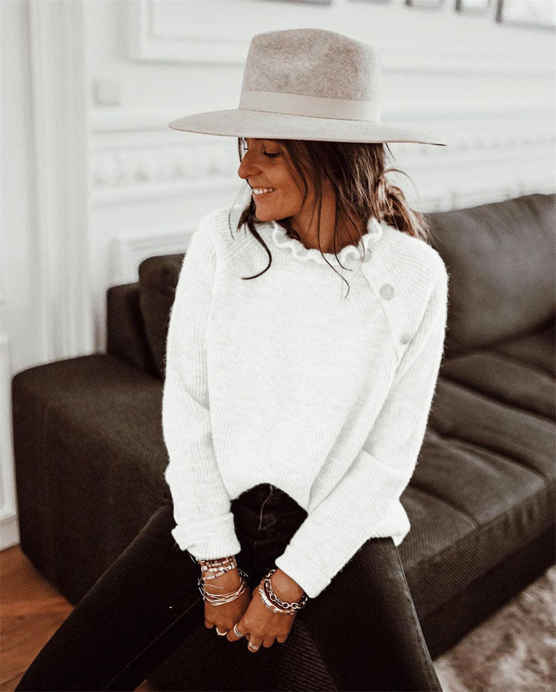 Women’s Knitted Sweater – Wool Blend – Relaxed Fit – Ruffled Neckline – Long Sleeve