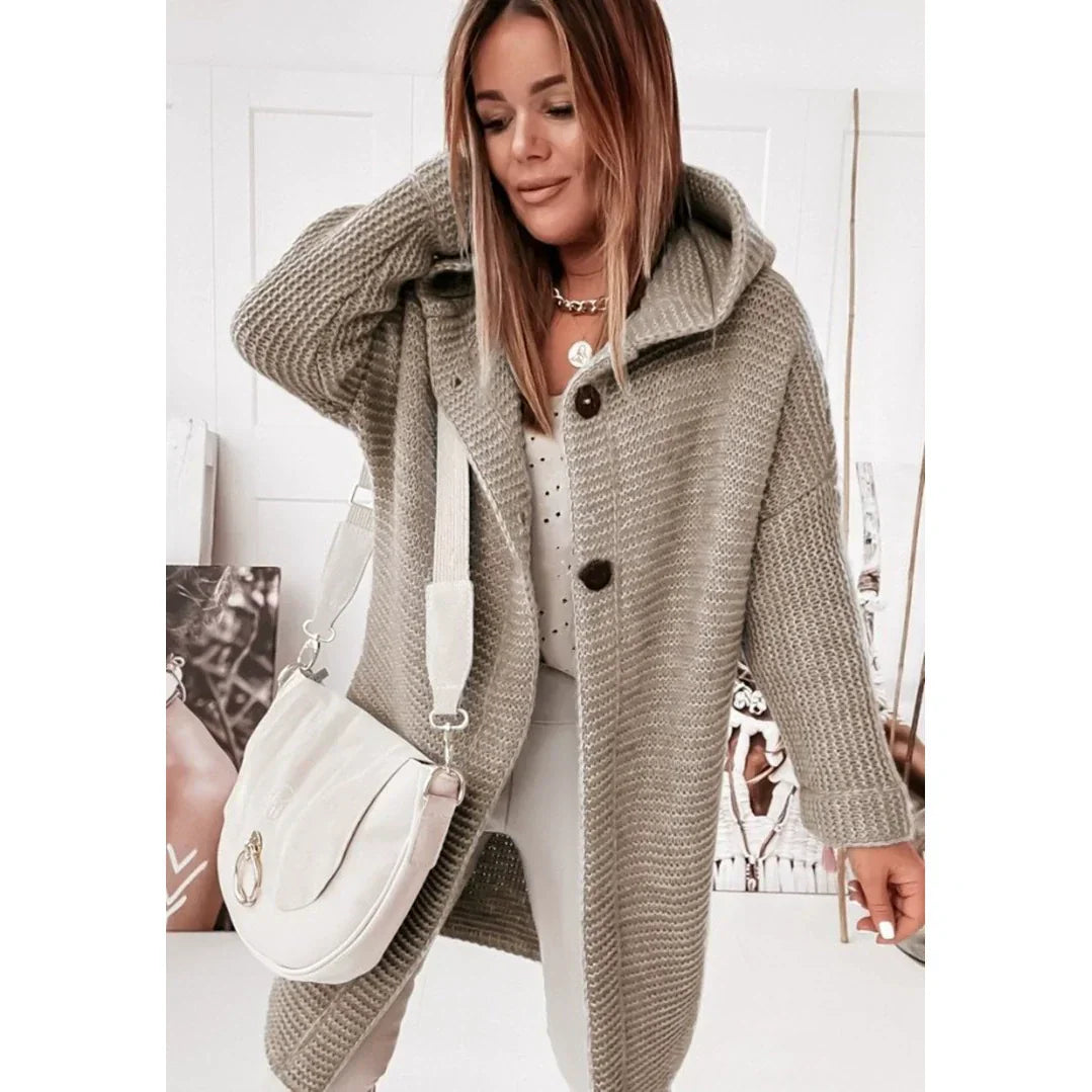 Women’s Hooded Cardigan – Loose Fit – Long Line – Ribbed Knit – Button Front – Drop Shoulder