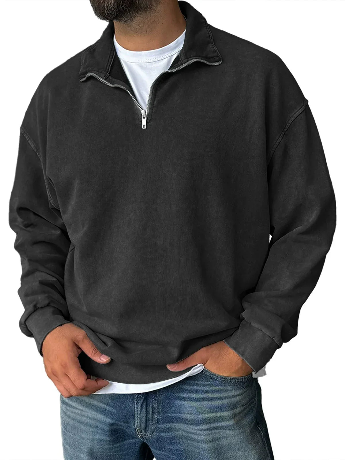 Mens Relaxed Fit Half Zip Sweatshirt With Stand Collar Cotton Blend Drop Shoulder