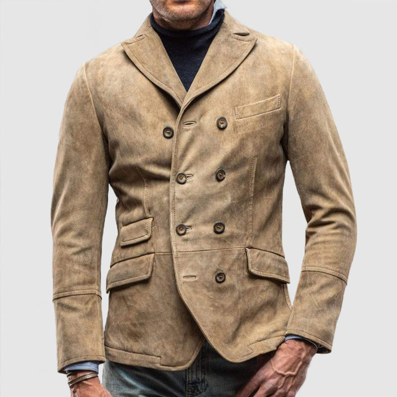 Men's Double Breasted Jacket With Tailored Fit And Suede Like Texture Notch Lapel