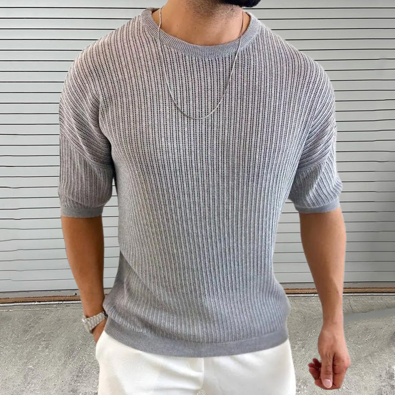 Men's Slim Fit Short Sleeve Knit Sweater With Light Rib Texture Crew Neck For Modern Style