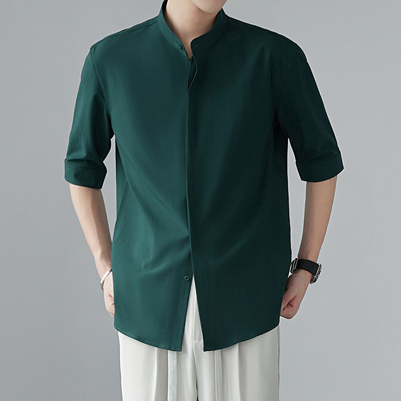 Men's Relaxed Fit Breathable Cotton Shirt With Mandarin Collar And Three Quarter Sleeves Casual Everyday