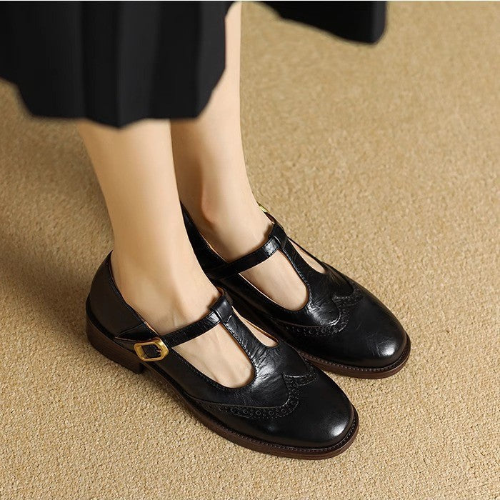 Women's T-Strap Shoes with Low Block Heel and Adjustable Strap