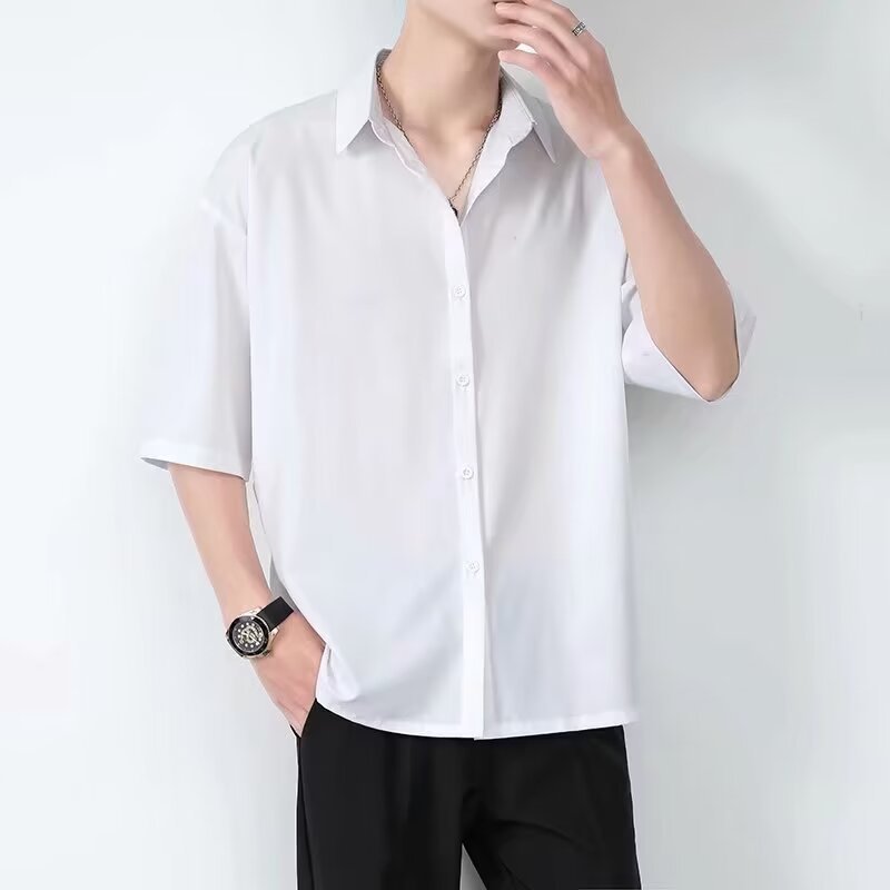 Mens Short Sleeve Black Shirt Relaxed Fit Lightweight Breathable Fabric Casual Button Closure By TrendAura